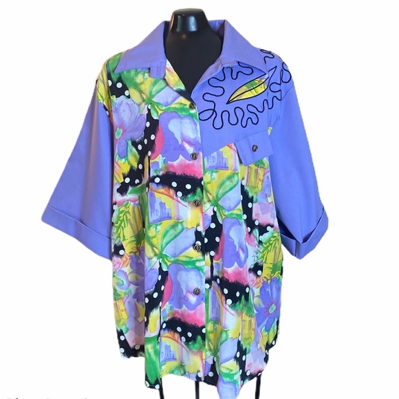 Vintage Purple Floral Print Polka Dot Button Up - Picture 2 of 16